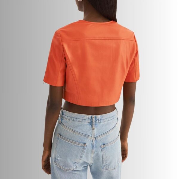 Blouson Cuir Femme Orange - Manches Courtes