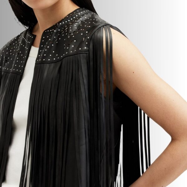 Gilet en Cuir Western Noir à Franges pour Femme – Style Iconique