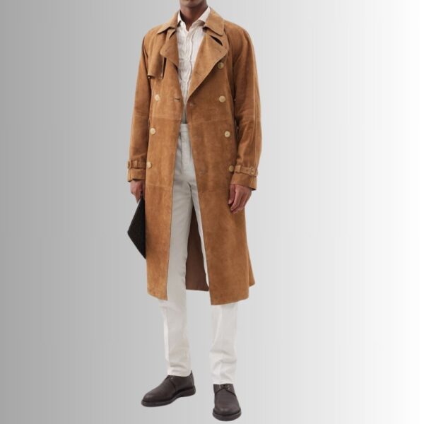 Manteau En Daim Homme Marron avec Ceinture et Boutons Double-Breasted