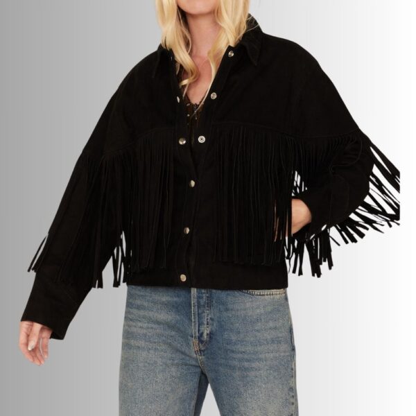 Veste En Daim Noir Femme - Style Frange