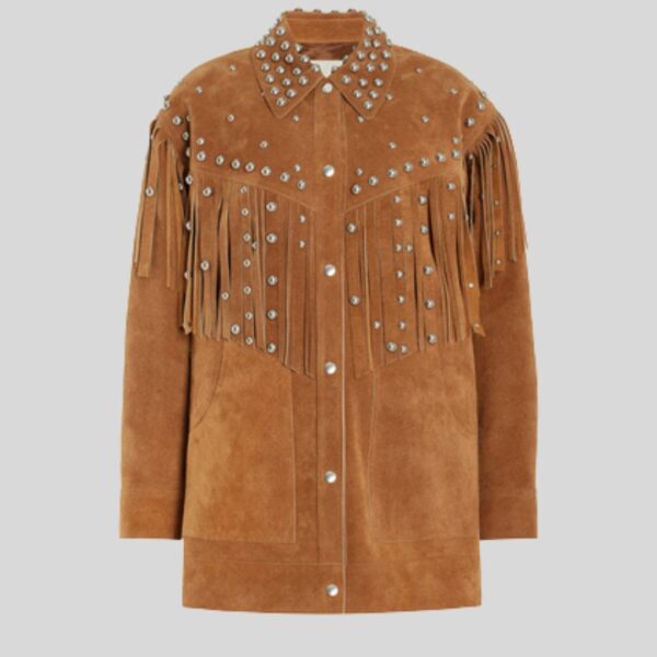 Sierra Blaze – Veste Longue Femme en Daim à Franges et Clous Métalliques