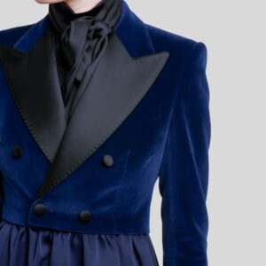 Blazer Femme Velours Bleu Court – Cintré, Satiné, Élégance Soirée