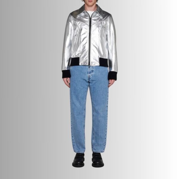 Silver Luxe – Veste Cuir Argenté Homme – Bomber Métallisé Tendance