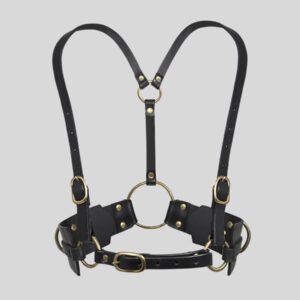 Harnais Cuir Noir Femme – Anneaux Dorés &amp; Bretelles réglables