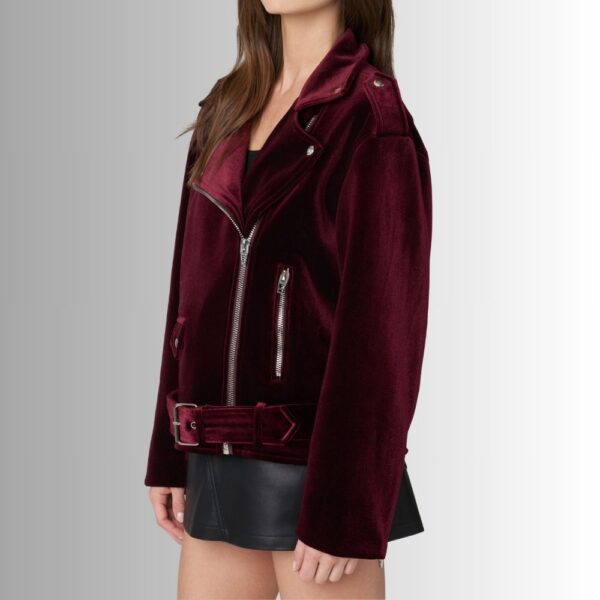 Veste Moto Femme Bordeaux en Velours – Coupe Asymétrique Chic