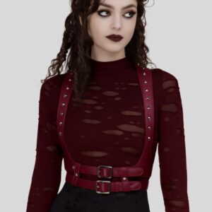 Crimson Épine™ – Harnais en Cuir Bordeaux pour Femme avec Détails Cloutés
