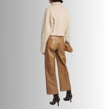 Pantalon En Cuir Marron Femme - Jambe Large