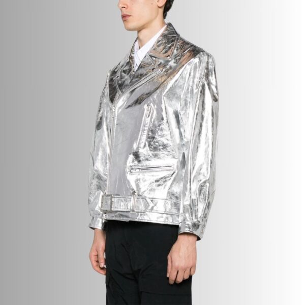 Chrome Surge – Veste Cuir Homme Argentée – Perfecto Oversize Métallique