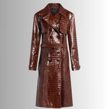 Manteau Cuir Marron Femme Effet Croco - Design Chic Ceinturé