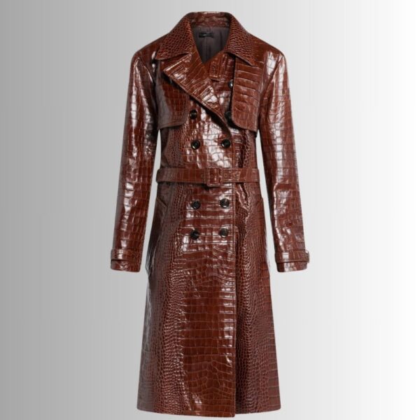 Manteau Cuir Marron Femme Effet Croco - Design Chic Ceinturé