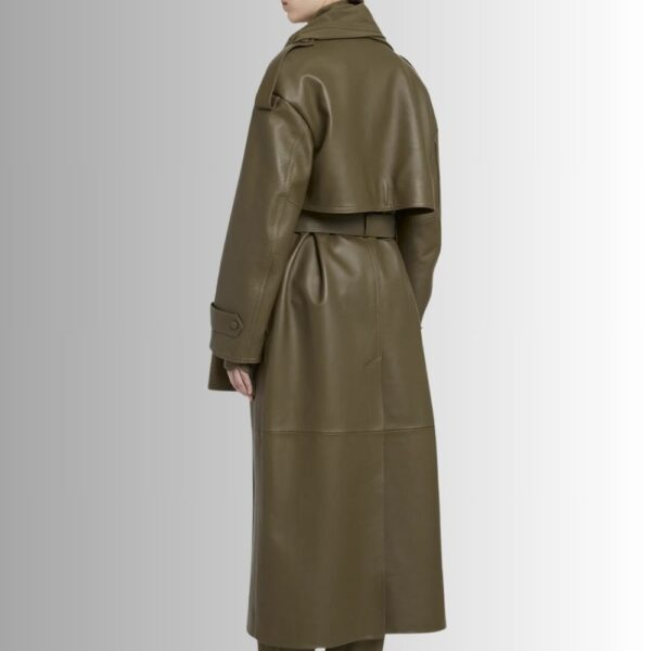 Manteau Cuir Vert Olive Femme - Longue Veste Ceinturée Élégante | Veste française