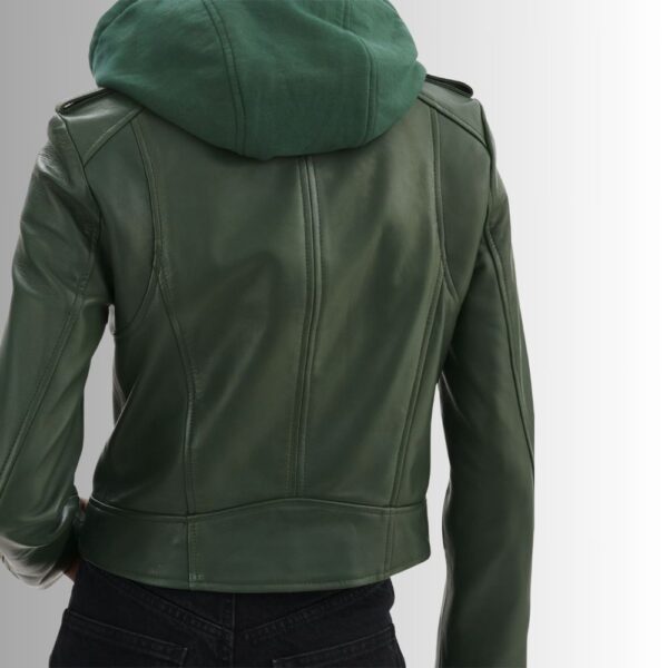 Blouson En Cuir Cert à Capuche Amovible Pour Femme