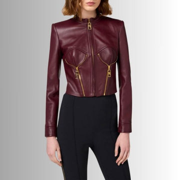 Veste Cuir Femme Bourgogne en Agneau avec Col Montant et Détails Zip