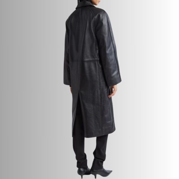 Manteau En Cuir Noir Femme - Longue Coupe Élégante Avec Boutons | Veste française