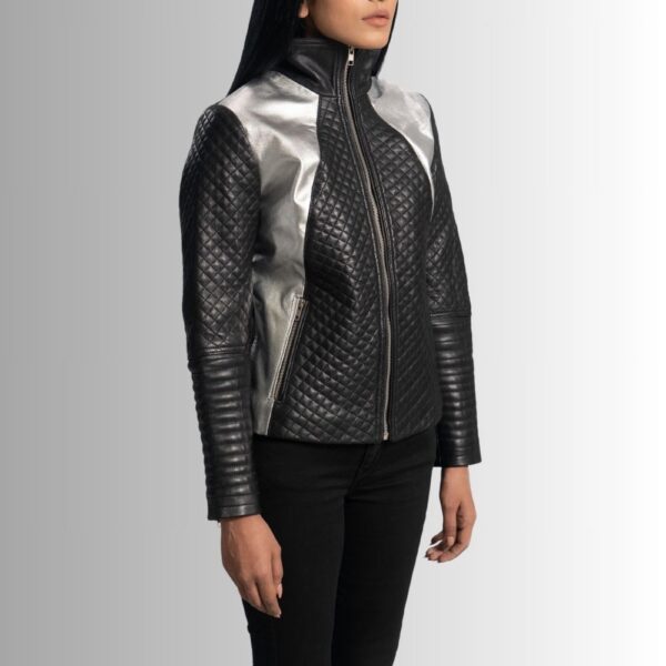 Veste Femme Moto Cuir - Noir Métallisé