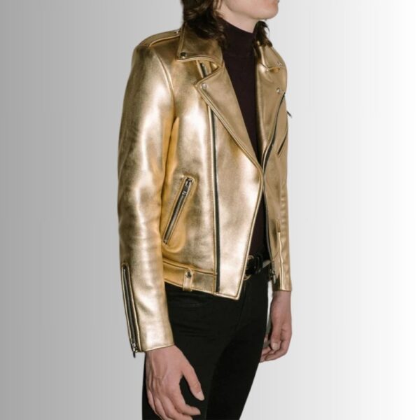 Blouson cuir doré homme – Biker métallisé agneau luxe