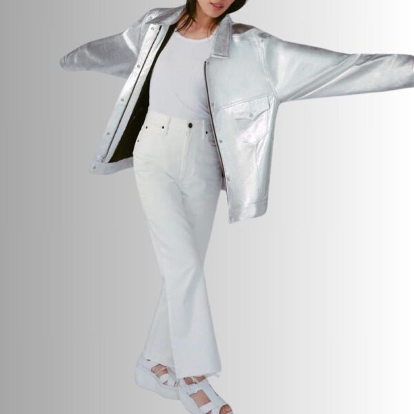 Veste En Cuir Femme Argenté - Style Surdimensionné - Finition Métallique