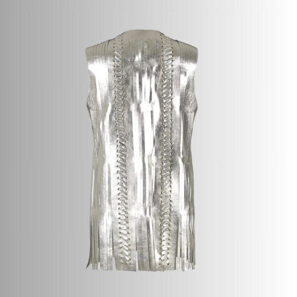 Gilet Long en Cuir Métallique Argenté pour Femme