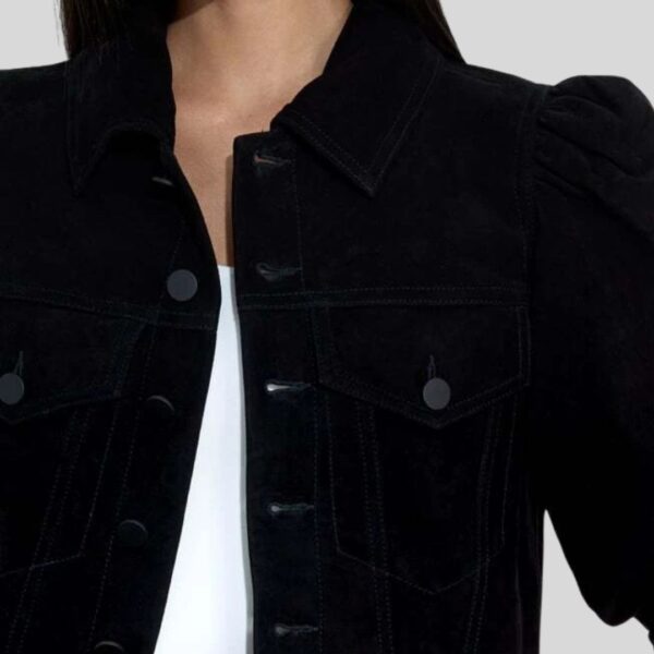 Velvet Puff – Veste Courte Daim Noir Femme à Manches Bouffantes