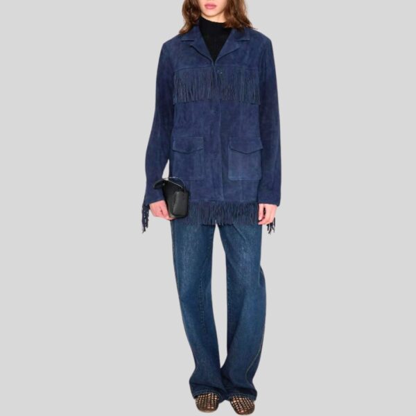 Veste en Daim à Frange Bleu Femme
