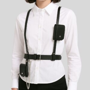 PocketLink™ – Harnais Cuir Noir avec Chaîne Métallique et Pochettes