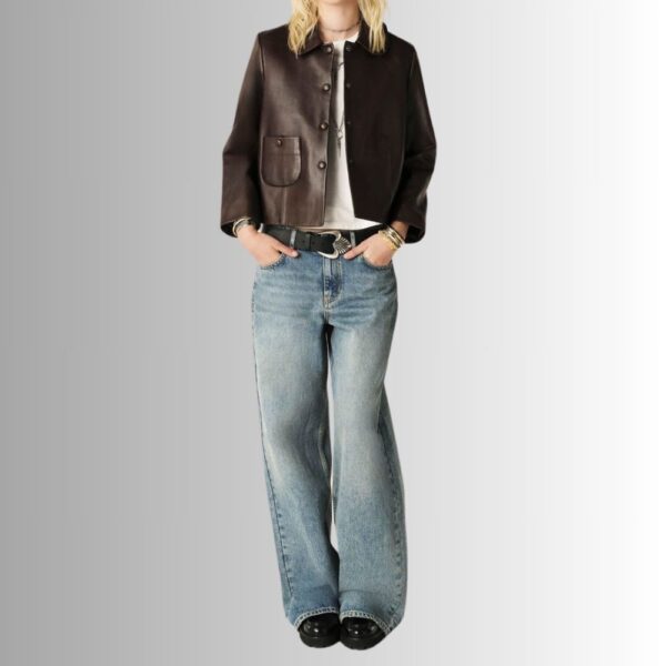 Veste Cuir Femme Marron Foncé - Col Peter Pan