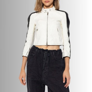 Veste Moto Femme Cuir Blanc et Noir Bicolore en Agneau avec Col Montant