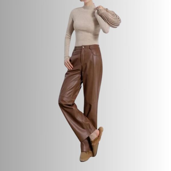 Pantalon Cuir Marron Femme - Coupe Droite