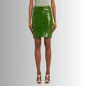 Jupe Cuir Verte Pour Femme - Croco En Relief
