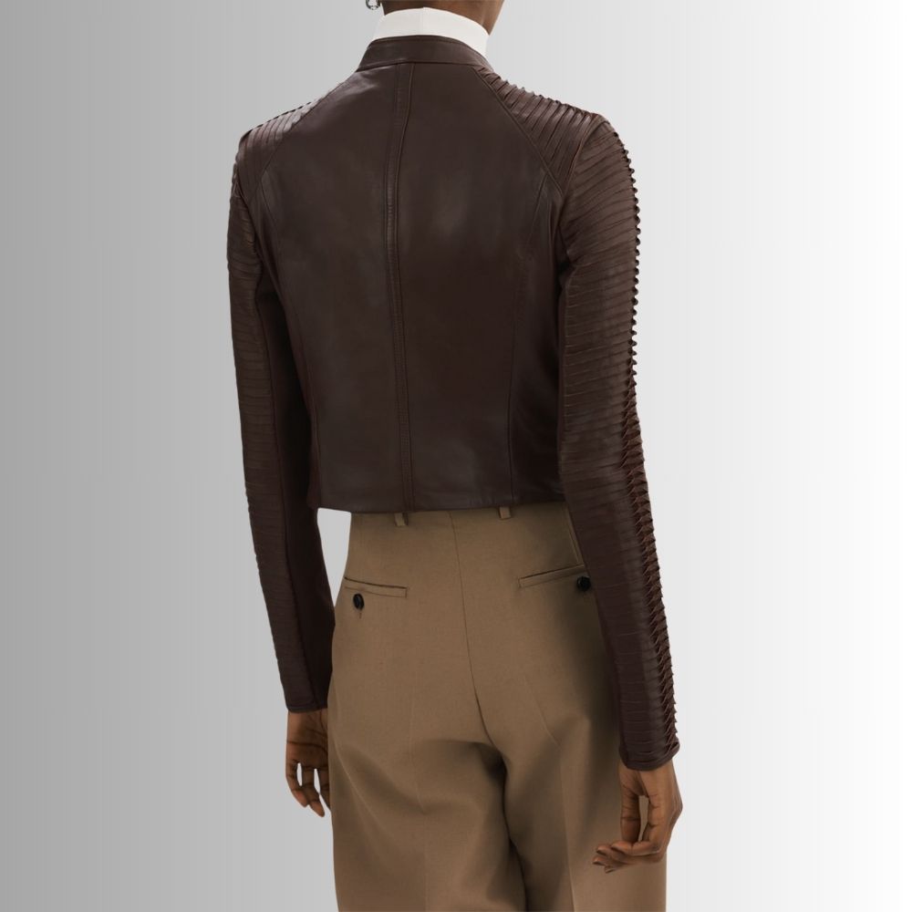 Blouson En Cuir Marron Femme - Manches Coupées