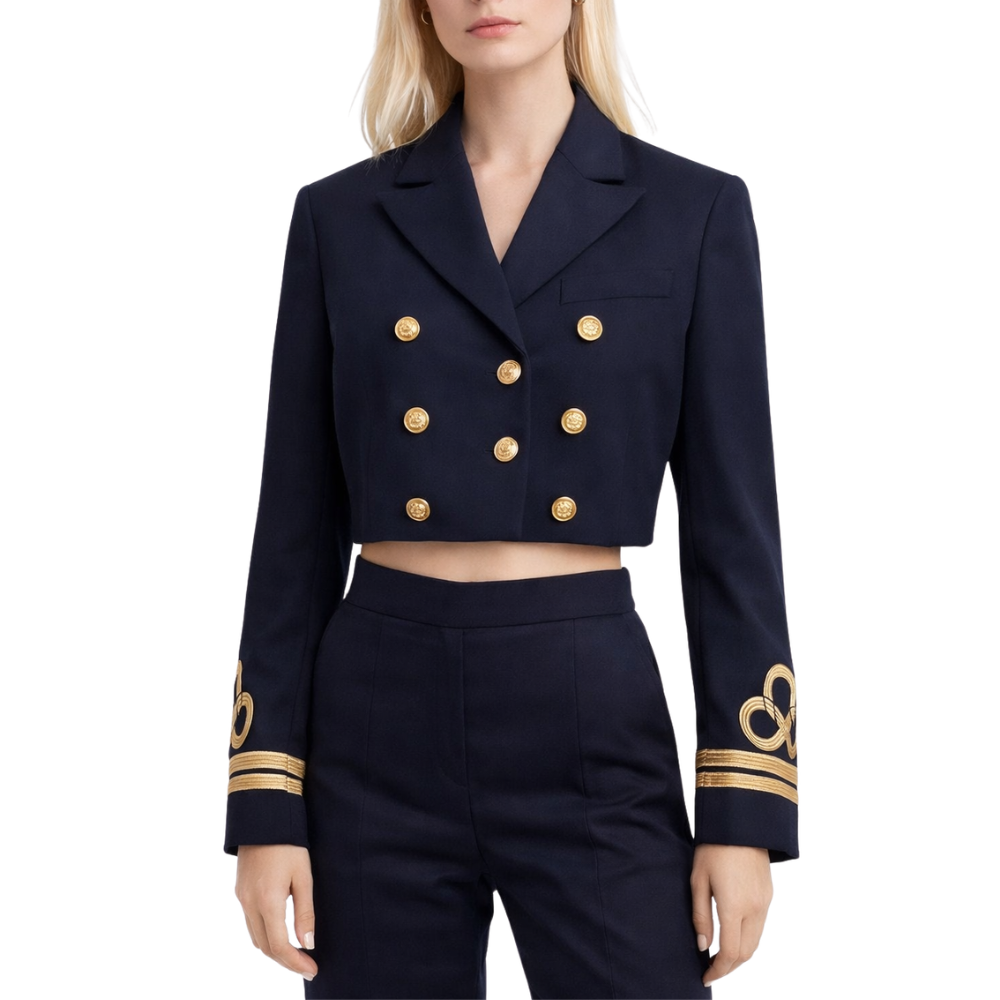 Veste Militaire Femme Bleu Marine – Boutons Dorés Coupe Courte