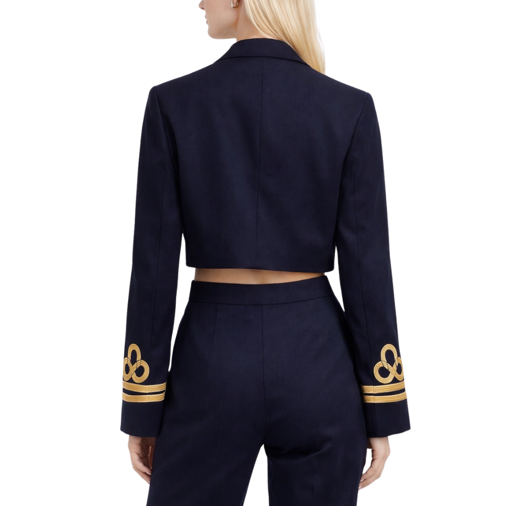 Veste Militaire Femme Bleu Marine – Boutons Dorés Coupe Courte