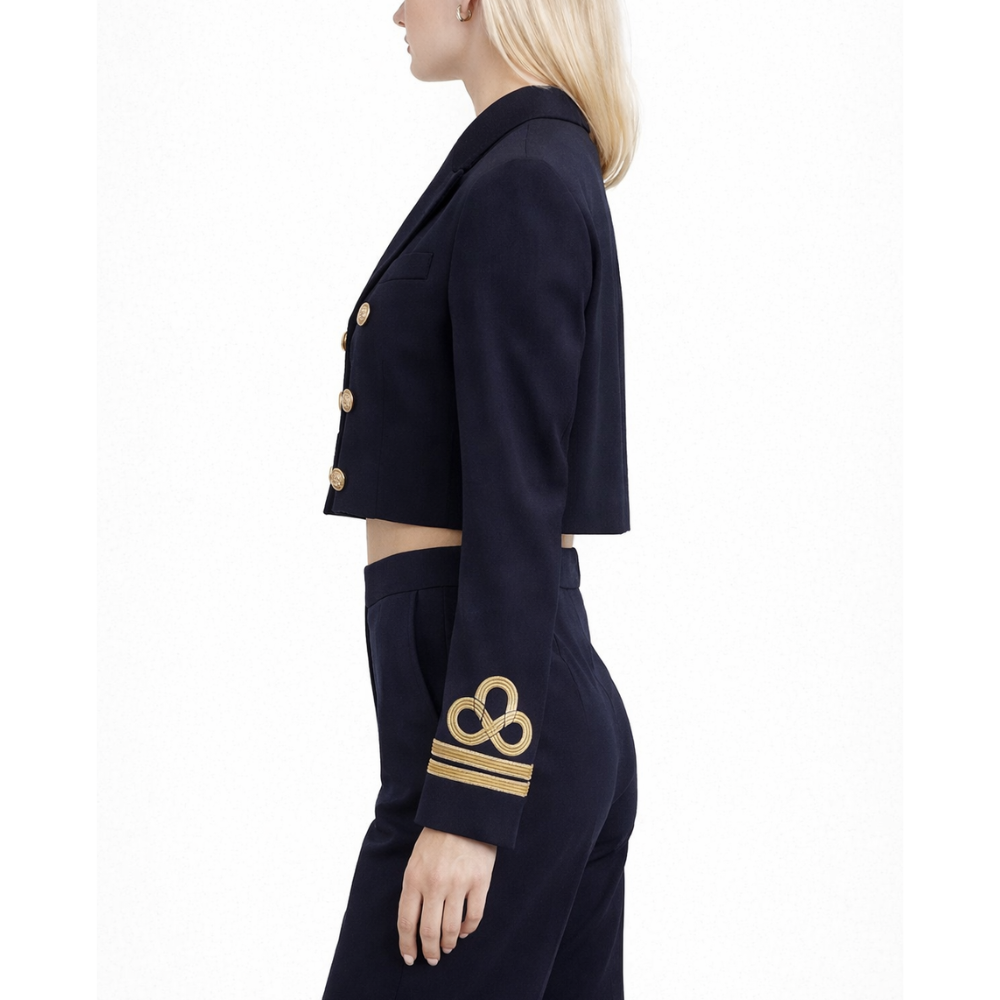 Veste Militaire Femme Bleu Marine – Boutons Dorés Coupe Courte