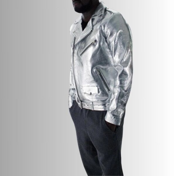 Silver Riot – Veste Cuir Homme Métallisée – Perfecto Argent Brillant