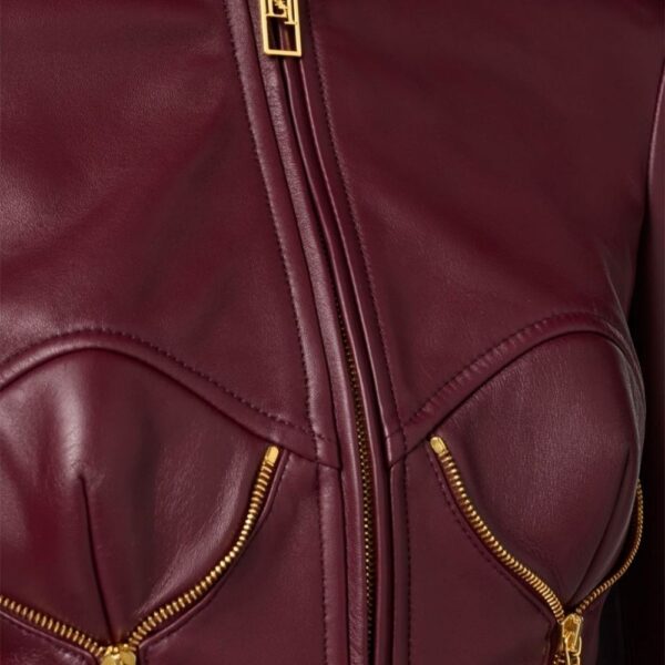 Veste Cuir Femme Bourgogne en Agneau avec Col Montant et Détails Zip