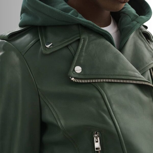 Blouson En Cuir Cert à Capuche Amovible Pour Femme