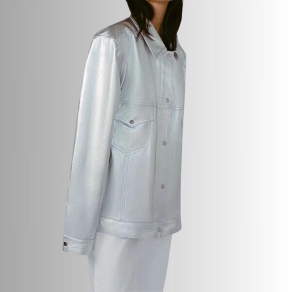 Veste En Cuir Femme Argenté - Style Surdimensionné - Finition Métallique
