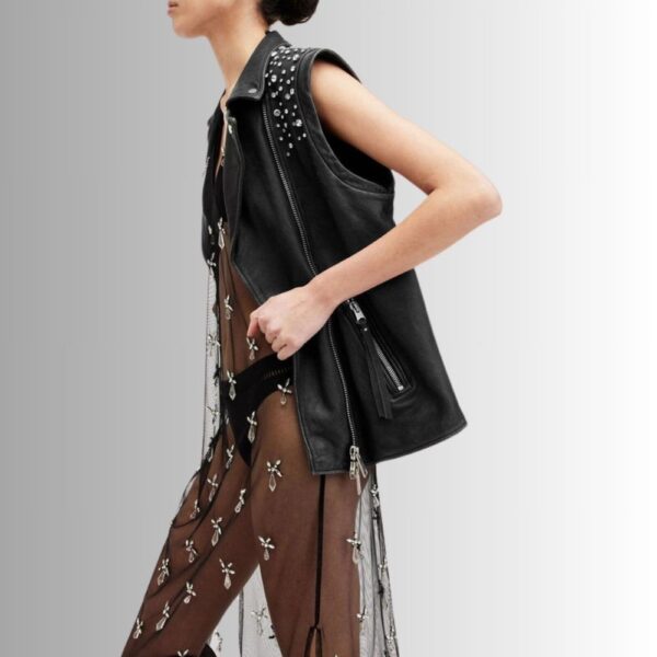 Femme Gilet en Cuir Noir Clouté Style Western – Mode Tendance