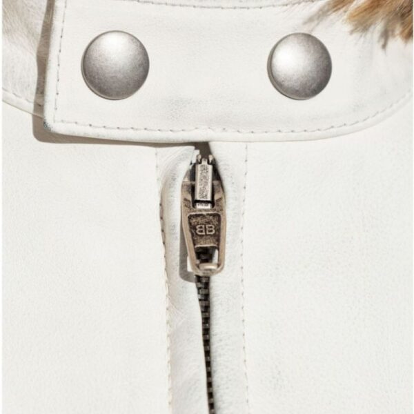 Veste Moto Femme Cuir Blanc et Noir Bicolore en Agneau avec Col Montant