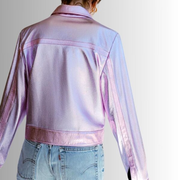 Veste En Cuir Rose Femme - Finition Métallique