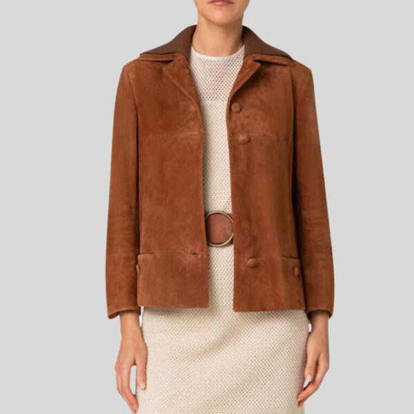 Brun Luxe – Blouson Croppé en Daim Marron Foncé pour Femme