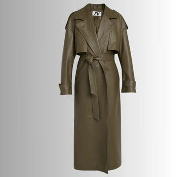 Manteau Cuir Vert Olive Femme - Longue Veste Ceinturée Élégante | Veste française