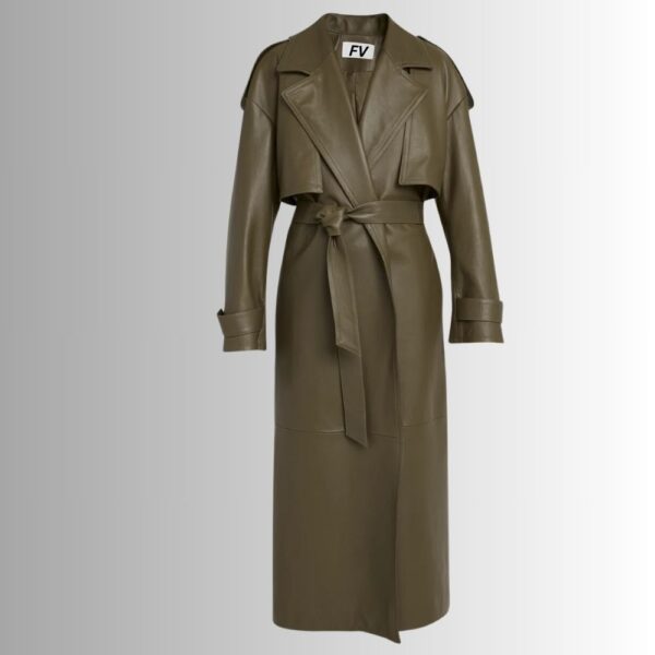 Manteau Cuir Vert Olive Femme - Longue Veste Ceinturée Élégante | Veste française