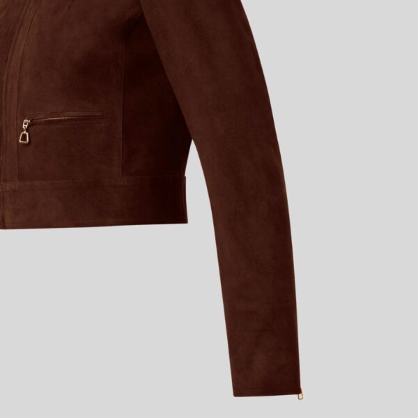 Brun Luxe – Veste Croppé en Daim Marron Foncé pour Femme