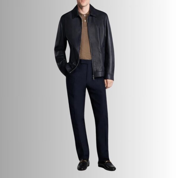 NavySilk Veste Cuir Bleu Homme – Minimaliste en Cuir de Veau – Finition Luxe Zippée