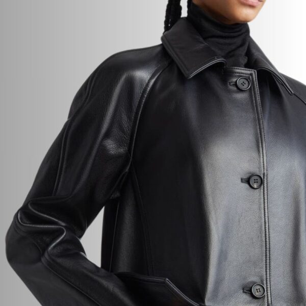 Manteau En Cuir Noir Femme - Longue Coupe Élégante Avec Boutons | Veste française