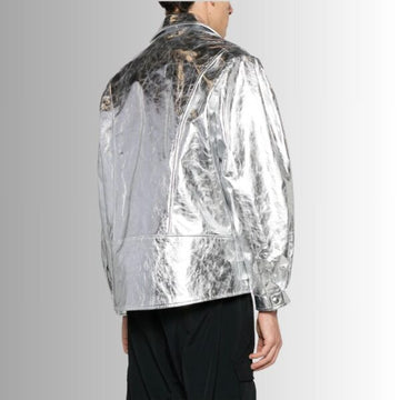 Chrome Surge – Veste Cuir Homme Argentée – Perfecto Oversize Métallique