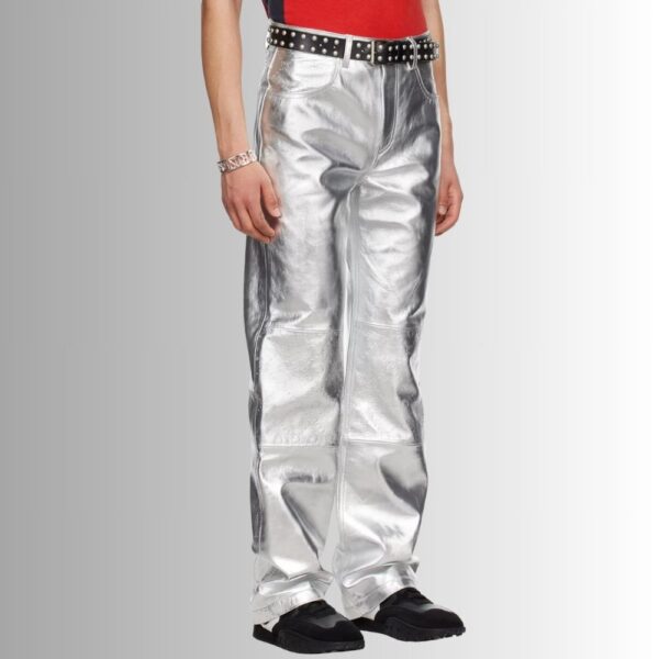 Pantalon Cuir Agneau Homme -Argent Gaufré