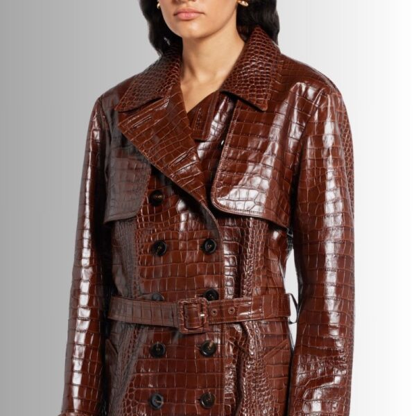 Manteau Cuir Marron Femme Effet Croco - Design Chic Ceinturé