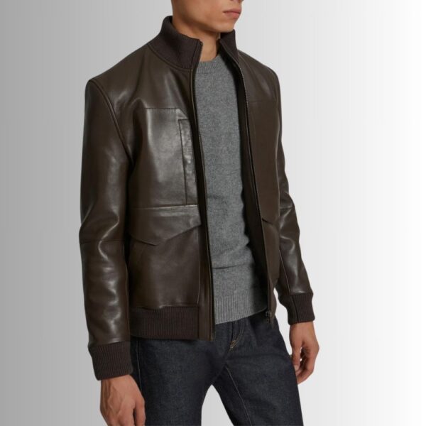 Veste Cuir Marron Homme – Col Tricoté – Moderne à Zip Avant